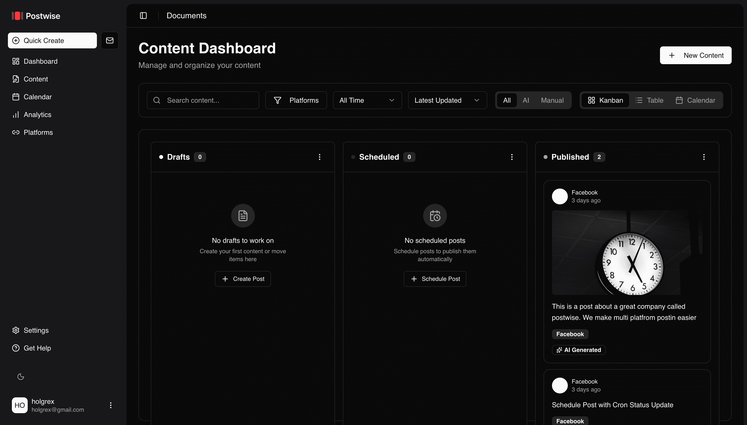 Postprism Dashboard - Social Media Management Interface