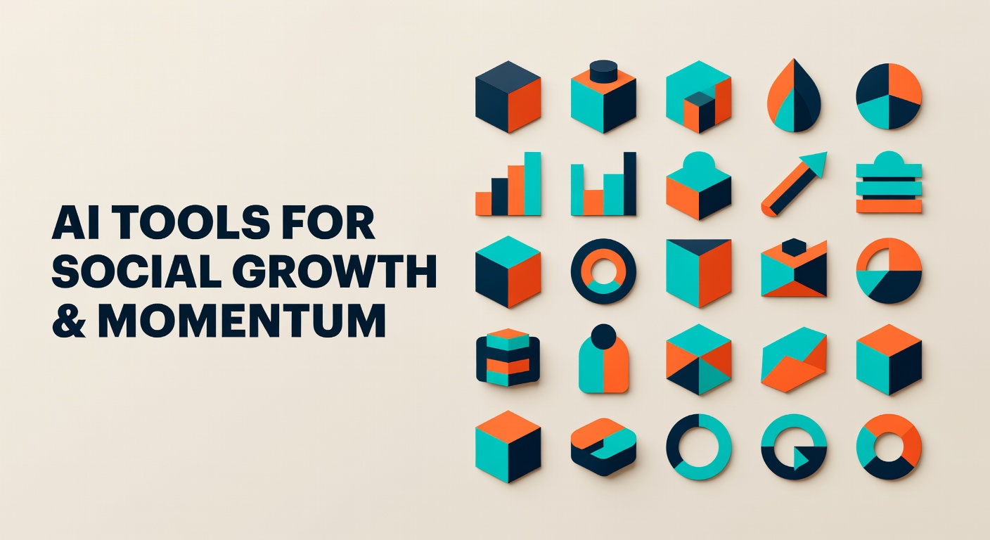 3D tool icons arranged in comparison grid representing AI social media tools