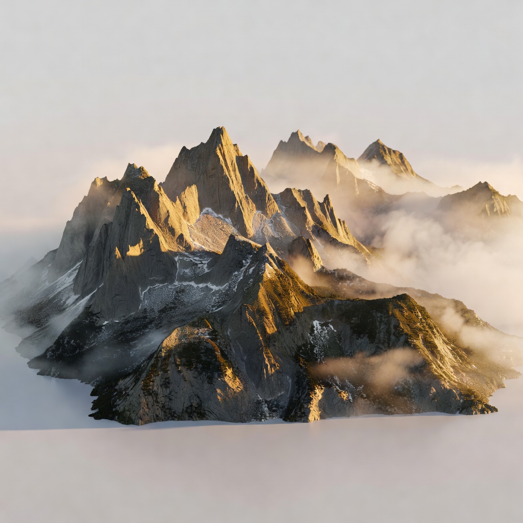 3D render of mountain landscape with volumetric fog and golden hour lighting