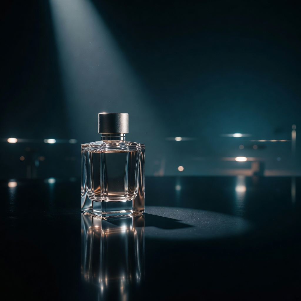 Cinematic luxury perfume product shot with dramatic lighting
