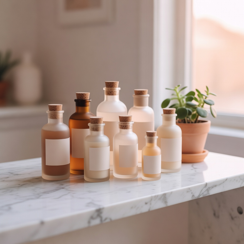 Soft editorial skincare product arrangement on marble