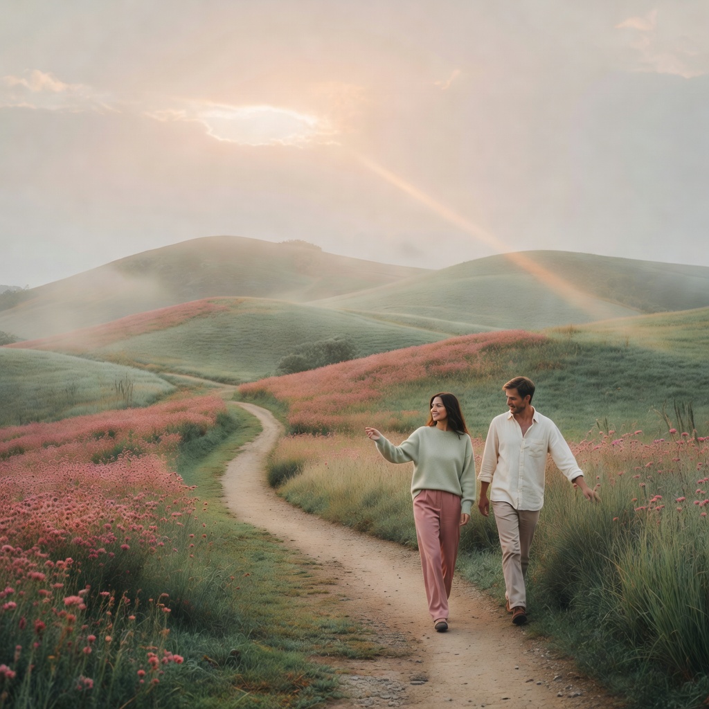 Soft editorial misty morning landscape with muted tones