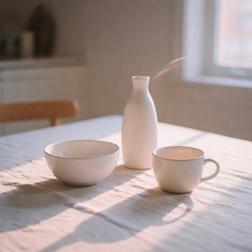 Soft editorial white ceramic still life with natural light