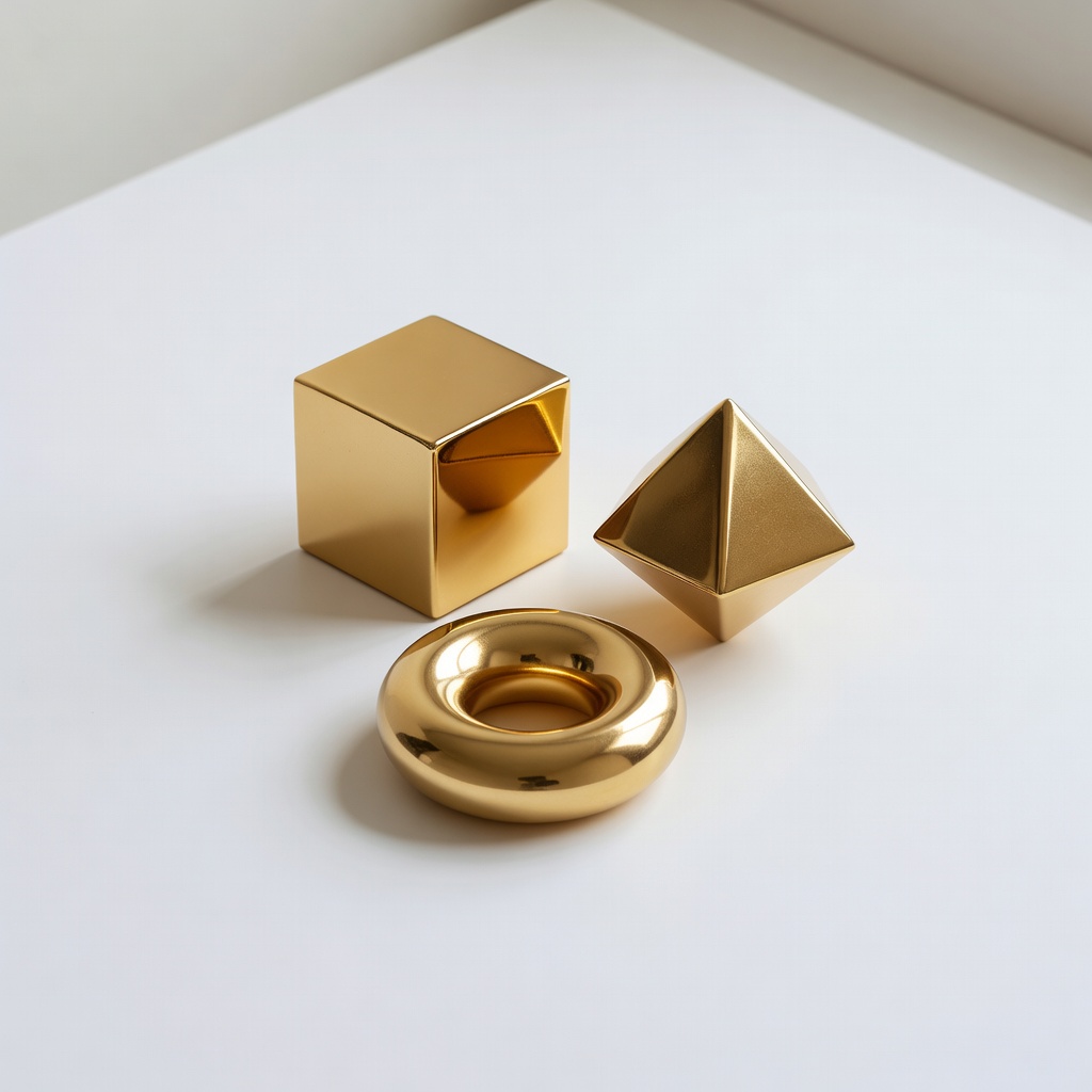 Photorealistic isometric metallic geometric objects on white