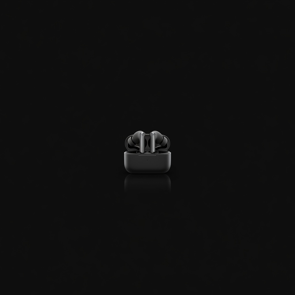 Minimal studio photo of wireless earbuds on black background