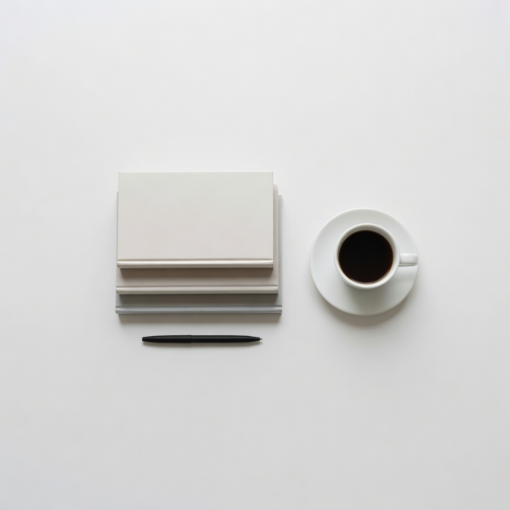 Minimal studio flatlay of books and coffee on white surface