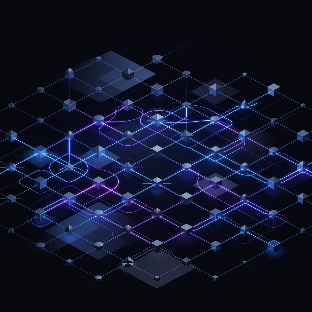 Abstract network data flow visualization on dark background