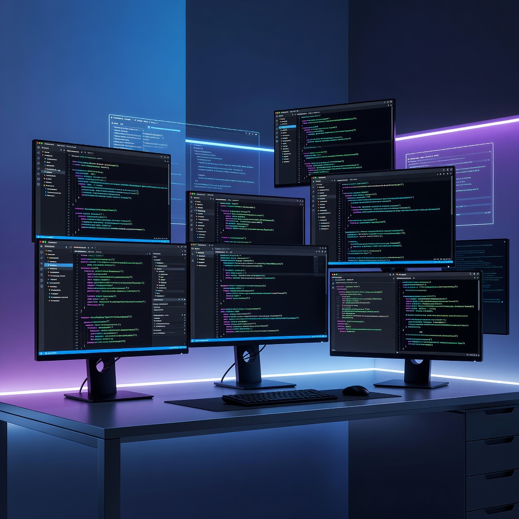 Developer setup with dark mode code editors on multiple monitors